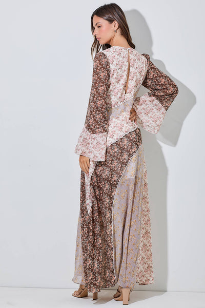 FLORAL CHIFFON RUFFLE MAXI DRESS: Multi-Colored /