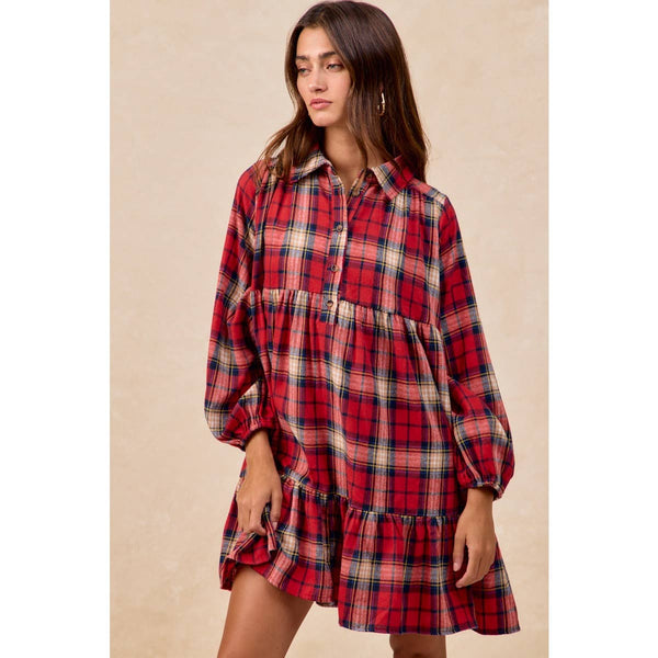 PLAID WOVEN SHRRING BUTTONED TIERED SHIRT DRESS: CAMEL MULTI / M