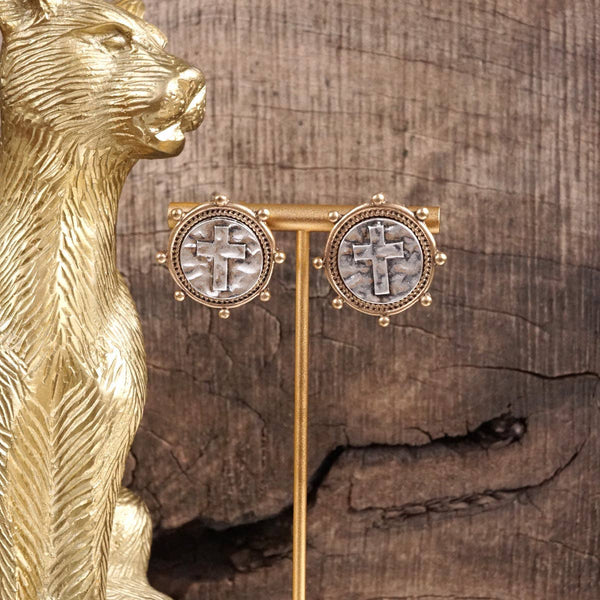 Divine Duo – Two-Tone Cross Coin Stud Earrings: Silver Frame-Gold Coin