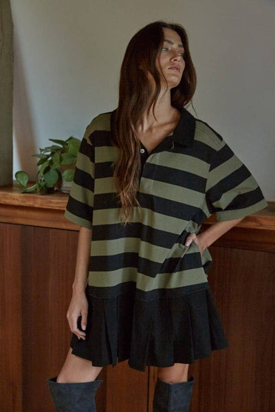 Knit Cotton Striped Collared Contrast Pleats Mini: Olive Black
