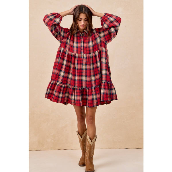 PLAID WOVEN SHRRING BUTTONED TIERED SHIRT DRESS: CAMEL MULTI / L