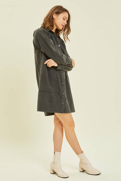 ED5260 MINERAL WASHED BUTTON-DOWN SHIRT DRESS: L / Black