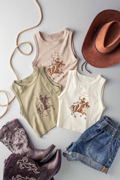 Western Cowboy Graphic Cropped Tank Top: CREAM