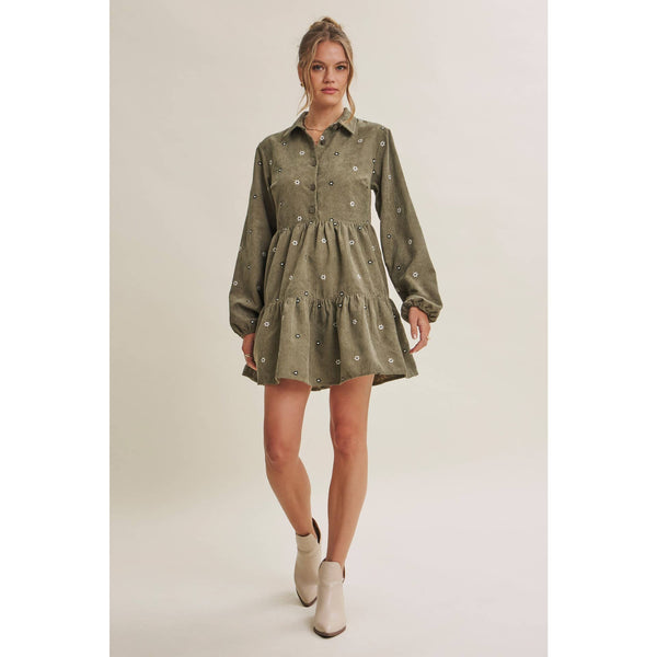 MEADOW MARKET ARTISAN DAISY EMBROIDERED CORDUROY MINI DRESS: OLIVE