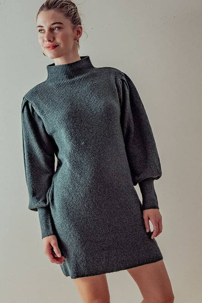Balloon Sleeve Mock Neck Sweater Dress: HUNTER GREEN / S-2/M-2/L-2