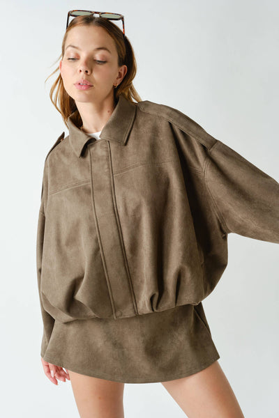 MOJAVE SUEDE-FINISH ZIP-FRONT JACKET: TRUFLE