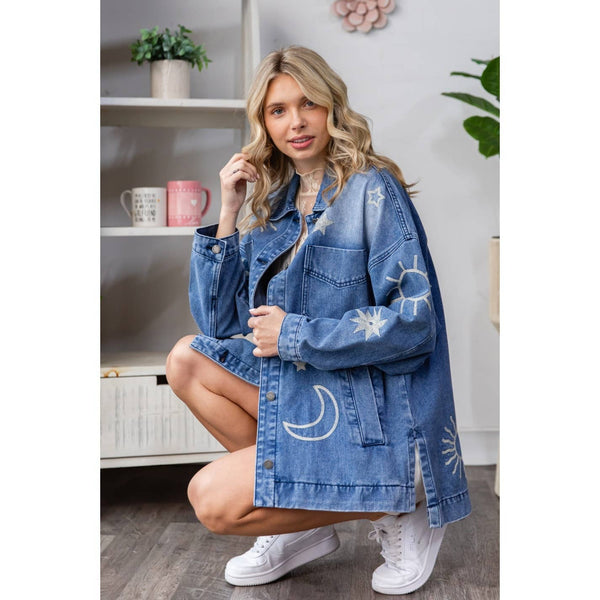 Embroidered Denim Jacket	: Medium Wash