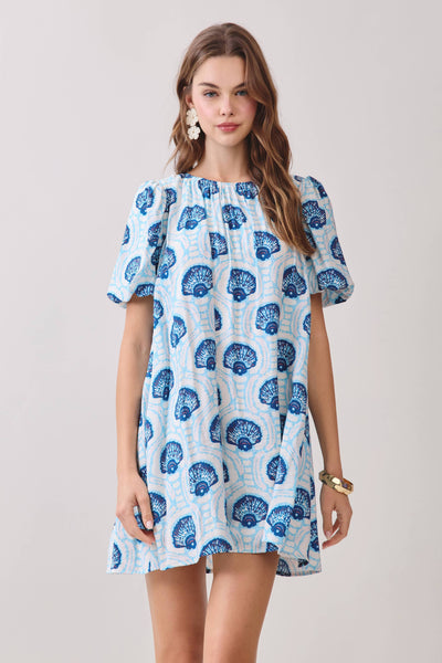 CD06808-Printed Relaxed Flowy Fit Puff Sleeves Dress: Blue / M