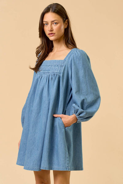 Long Sleeve Puff Sleeve Denim Dress