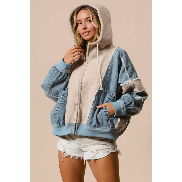 WASHED AND FLEECE MIX AND MATCH ZIP UP HOODIE: DENIM/IVORY