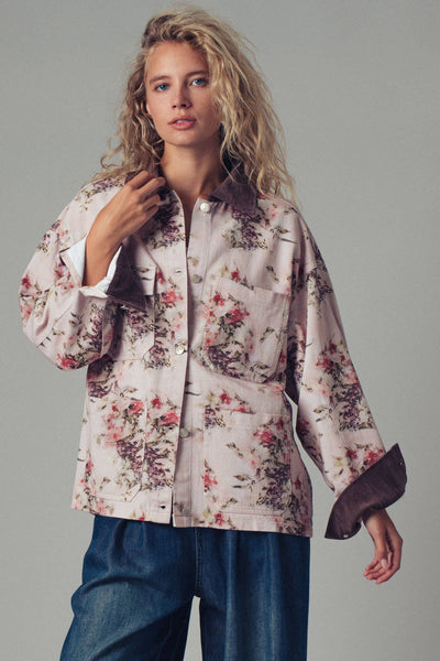 Watercolor Floral Oversized Cotton Utility Jacket: PINK/BROWN
