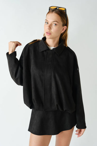 MOJAVE SUEDE-FINISH ZIP-FRONT JACKET: TRUFLE