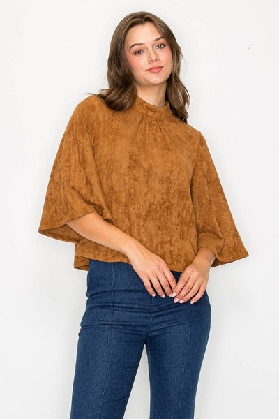 Bell sleeve camel suede top  