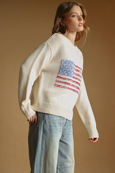 AMERICAN FLAG ROUND NECK SWEATER TOP: BEIGE