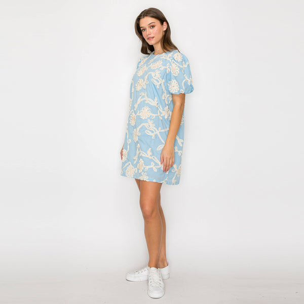 Baby Blue with White Rosette Detail Mini Dress: