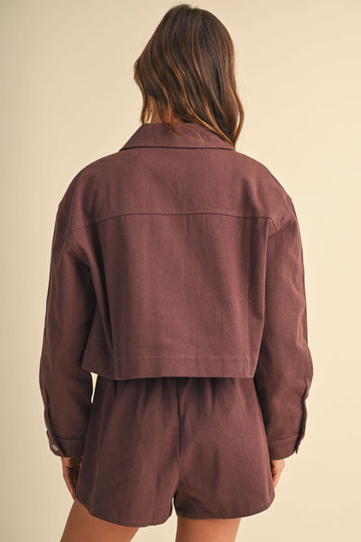 CROPPED TWILL JACKET WITH PLEATED FRONT SKORT SET: RED BEAN