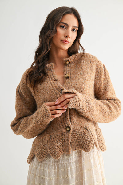 TEXTURED WOOL-BLEND CARDIGAN WITH SCALLOPED HEM: 2TONE MOCHA