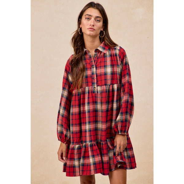 PLAID WOVEN SHRRING BUTTONED TIERED SHIRT DRESS: CAMEL MULTI / S