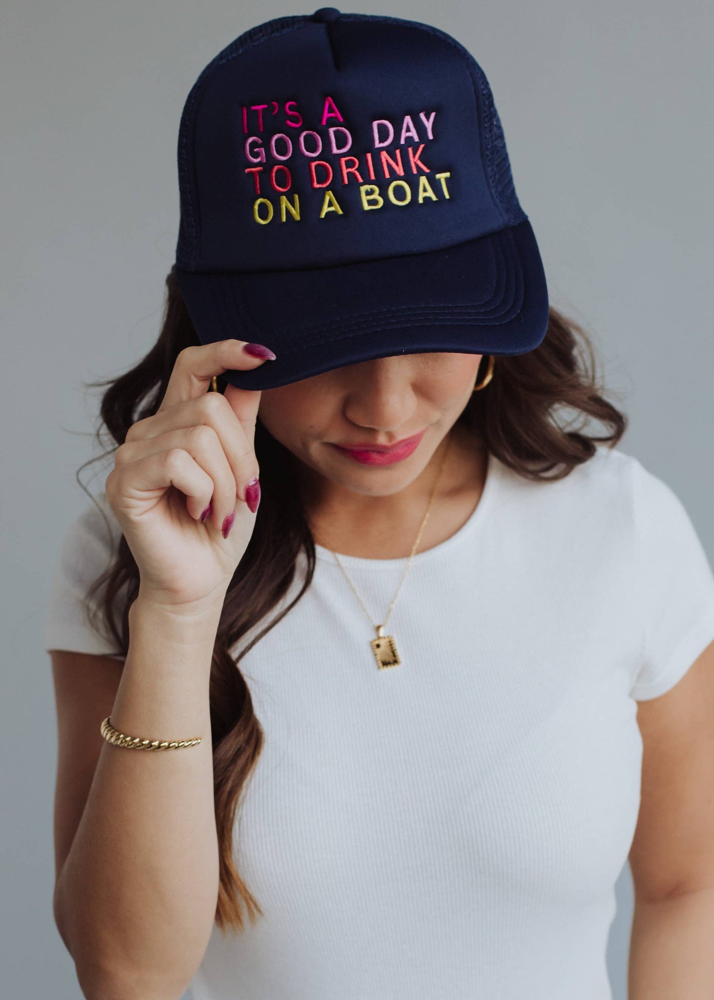 Navy Drink On A Boat Trucker Hat