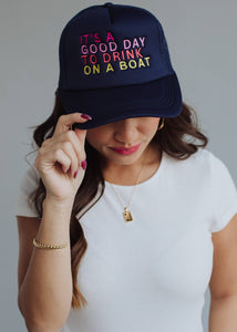 Navy Drink On A Boat Trucker Hat