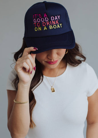 Navy Drink On A Boat Trucker Hat