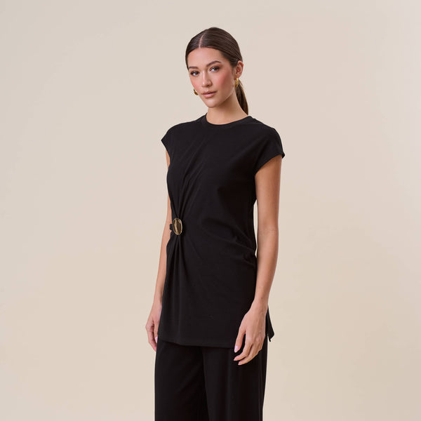 Gathered top & pants set with gold brooch: BLACK