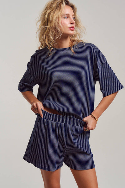 Striped Knit Two-Piece Lounge Set Boxy Tee: RED WHITE / S-M-L:2-2-2