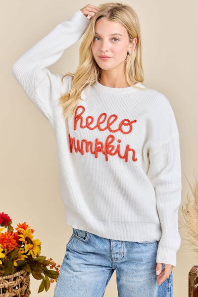 Hello Pumpkin Embroidered Knit Sweater – Fall Cozy Pullover: OFF WHITE