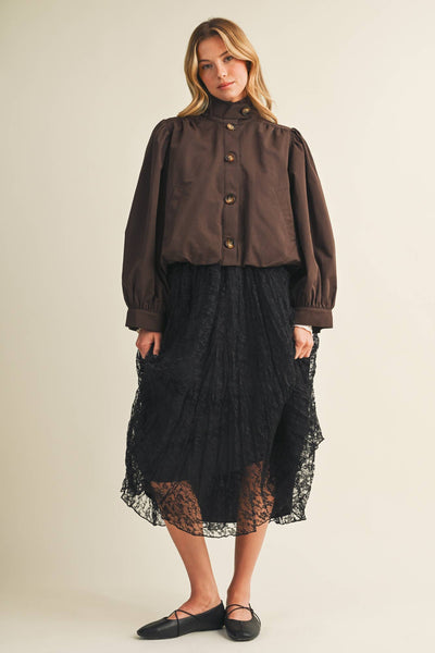Funnel-Neck Puff-Sleeve Blouson Jacket: DK.BEIGE / L