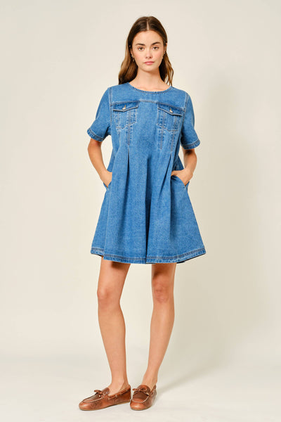 AJD5606 SHORT SLEEVE PLEATED A LINE DENIM DRESS: DENIM / M