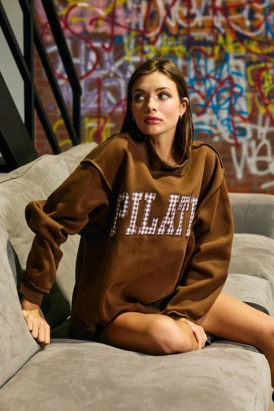 PILATES2  Embroidered "PILATES" Mock Neck Sweatshirt: Brown