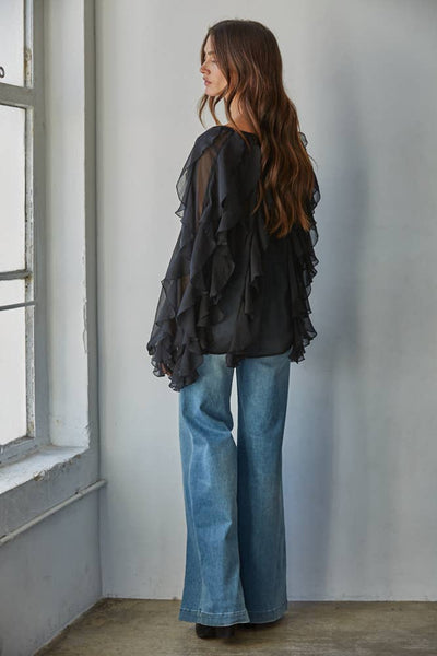 Woven Polyester Ruffled V-Neck Button Down Top: Black