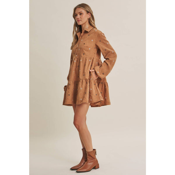 MEADOW MARKET ARTISAN DAISY EMBROIDERED CORDUROY MINI DRESS: OLIVE