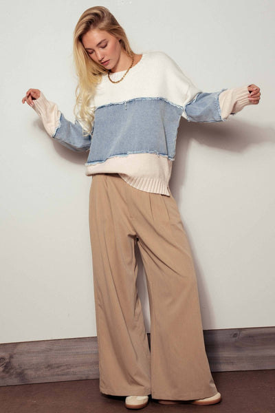 Colorblock Denim Patchwork Casual Top: Ivory