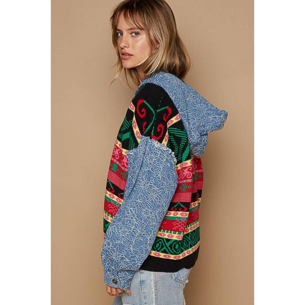 Embroidered patchwork denim sleeve sweater by pol