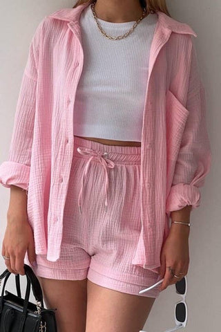 Two-Piece Shorts Set - Button Down Top: Pink