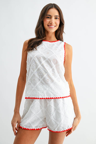 Eyelet Embroidered Shorts Set: WHITE/RED