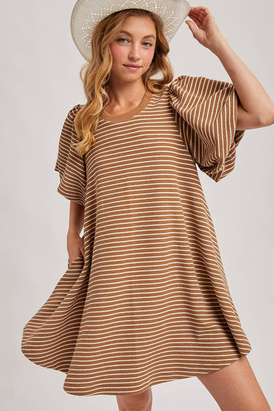 PUFF SLEEVES BILLOWY SILHOUETTE STRIPED DRESS: LATTE