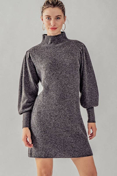 Balloon Sleeve Mock Neck Sweater Dress: HUNTER GREEN / S-2/M-2/L-2