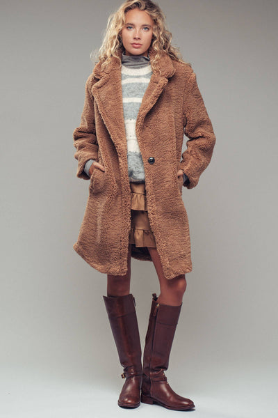 Cozy Longline Notched Lapel Teddy Coat: CAMEL