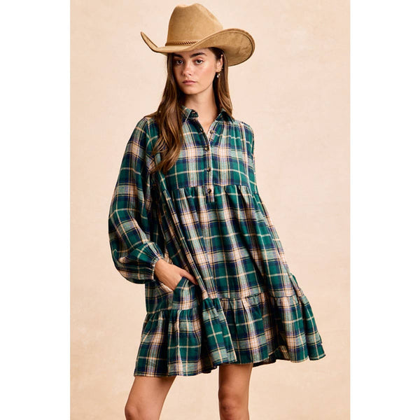 PLAID WOVEN SHRRING BUTTONED TIERED SHIRT DRESS: CAMEL MULTI / M