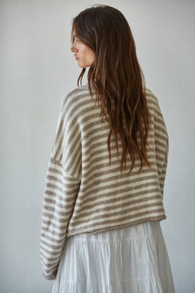 Knit Sweater Striped Buttondown Cardigan Top: Taupe Ivory