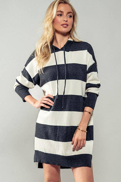 Snug and Striped Hooded Sweater Dress: CHARCOAL / S-2/M-2/L-2