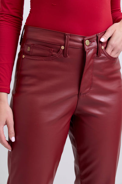 Faux Leather Tummy Control High Waisted Straight: Red