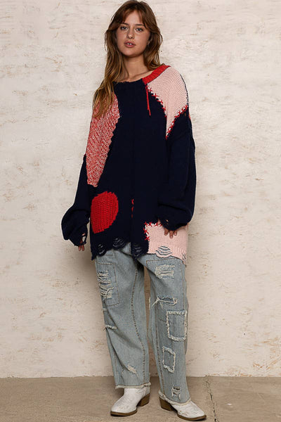 Round neck contrast distressed pullover sweater