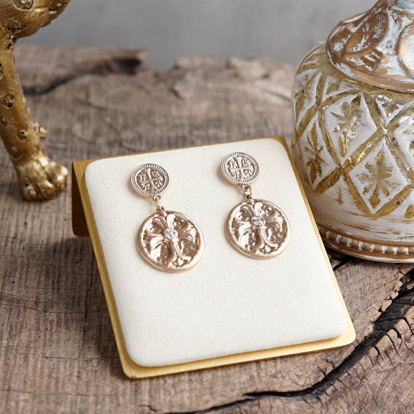 Faith & Relic – Cross Coin Dangle Earrings in Worn Gold or Silver: Silver