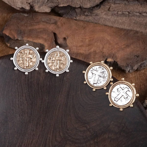 Divine Duo – Two-Tone Cross Coin Stud Earrings: Silver Frame-Gold Coin