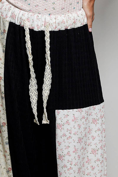 Boho Elastic Waistband Patchwork Balloon Wide Leg Pants :BLACK MULTI
