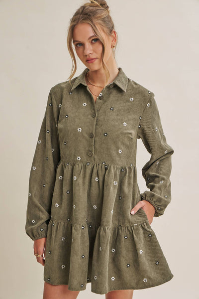 MEADOW MARKET ARTISAN DAISY EMBROIDERED CORDUROY MINI DRESS: OLIVE
