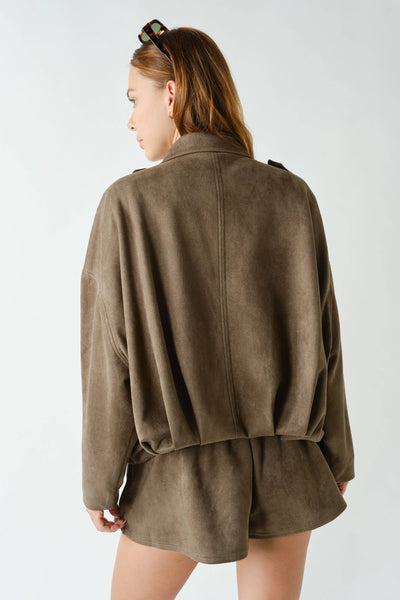 MOJAVE SUEDE-FINISH ZIP-FRONT JACKET: TRUFLE